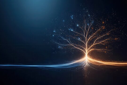 A luminous tree with sparkling branches emits light against a dark backdrop, symbolizing growth and energy.