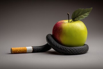 Black Snake Formed From Cigarette Coils Around a Vibrant Apple Symbolizing Health and Danger in a Unique Artistic Setup
