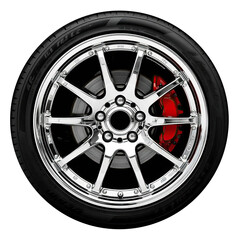 Obraz premium Racing car wheel with chrome rims isolated on transparent background PNG