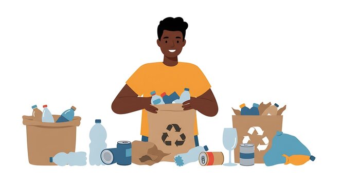 Black man sorting recyclables into a recycling bag, contributing to sustainability