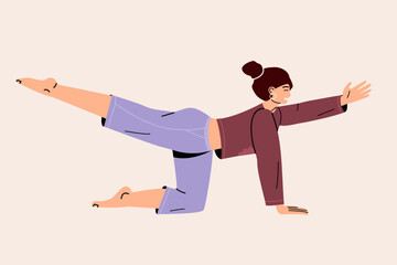 Woman doing yoga asana wearing workout clothes. Exercises for strength, balance, and mindfulness.The concept of yoga,meditation,sports,healthy lifestyle. Illustration for apps, banners, leafout