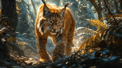 Fototapeta premium A majestic Norwegian Lynx prowls through a dense jungle, its black fur glistening in the sunlight. 