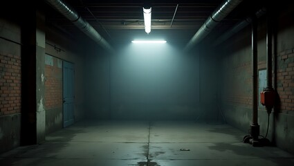 A dimly lit gritty and weathered industrial basement
