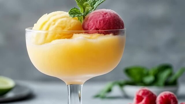 Refreshing mango sorbet dessert with raspberry sorbet and mint garnish, a cool and fruity treat served in a stemmed glass for a delightful experience.