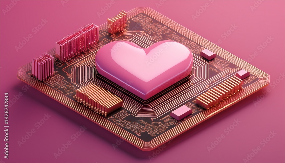Poster heart shaped computer chip on pink circuit board 3d isometric rendering
