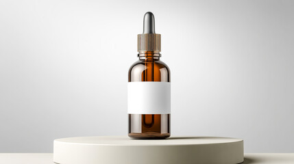 Elegant brown glass dropper medicine bottle with blank white label on neutral podium, soft light background for health product branding presentation