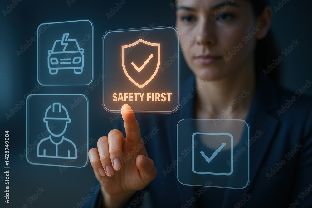 Poster digital safety first: a forward-thinking individual engages with an interactive digital interface di