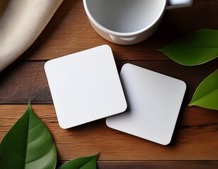 mockup of two blank square coasters on rustic wooden table a minimalist mockup of two blank white coasters placed on a rustic wooden surface with a white cup and green leaves ideal for branding or d