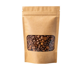 Brown Kraft Stand Up Pouch Packaging with coffee beans in transparent window on a transparent background png drinks design
