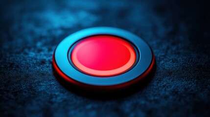 Circular, glowing red button on dark surface.  Detailed close-up of a modern,  metallic, illuminated, round control