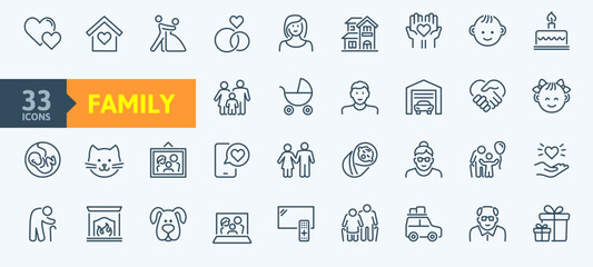 Family icons set in thin line style. Vector collection, outline icon.