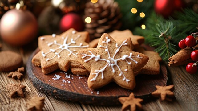 Christmas Star-Shaped Gingerbread Cookies on Wooden Board