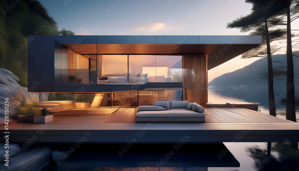 Poster modern floating home design features large windows