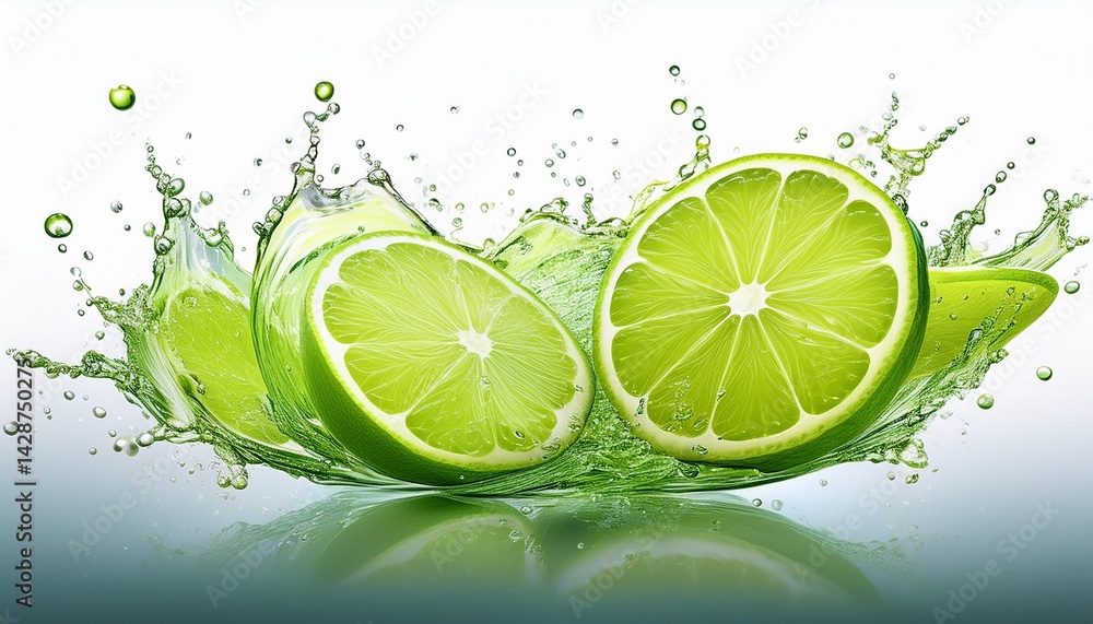 Poster lime slices with drops and water splash isolated on a white background generative ai