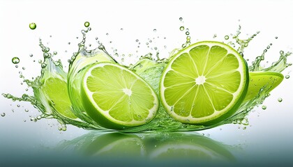 lime slices with drops and water splash isolated on a white background generative ai