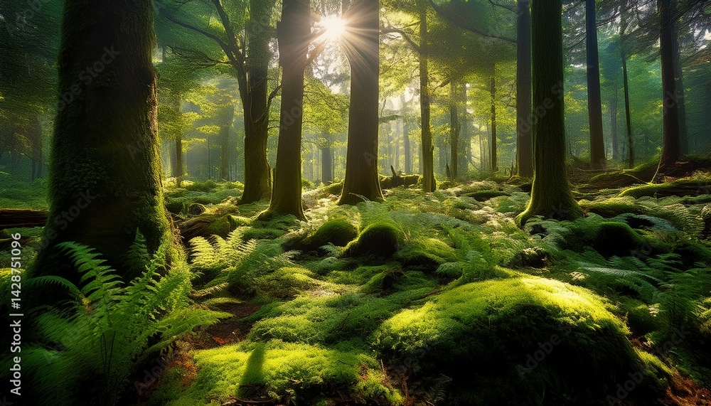 Poster lush green forest floor covered with moss and ferns illuminated by soft sunlight filtering through t