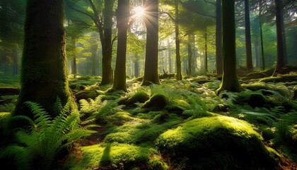 lush green forest floor covered with moss and ferns illuminated by soft sunlight filtering through tall trees generative ai