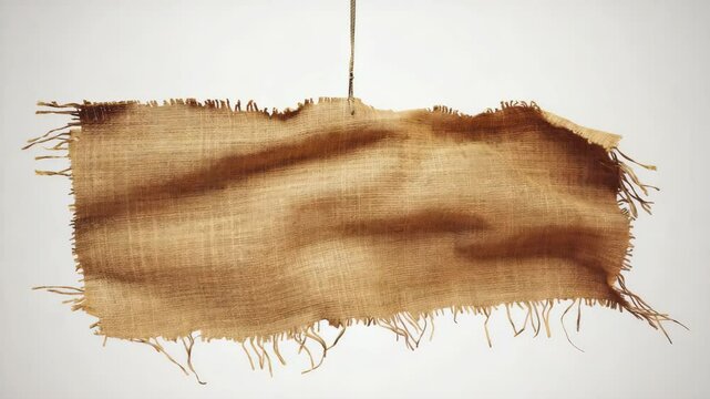 Rough burlap sack hanging by twine, isolated on white background with frayed edges and visible weave texture.