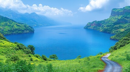 Serene vista Blue lake cradled by green hills under a vast hazy sky