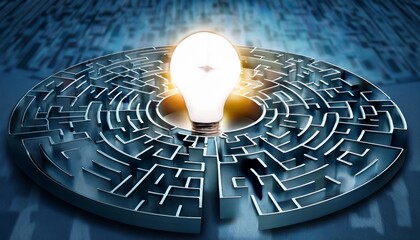 illuminated light bulb in center of 3d puzzle maze symbolizing innovation