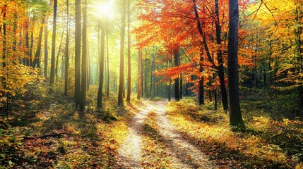 Fototapeta premium A Serene Sunlit Path Winds Through a Colorful Autumn Forest Filled with Vibrant Red, Orange, and Yellow Leaves Beneath a Clear Blue Sky