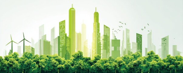 A vibrant city skyline featuring green skyscrapers, wind turbines, and lush trees, emphasizing sustainability and eco-friendly architecture.