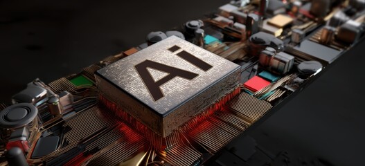 A microchip with the letters "AI" engraved on it, sitting in an electronic circuit board. Abstract image of a powerful computer processing microchip.Artificial intelligence technology concept.