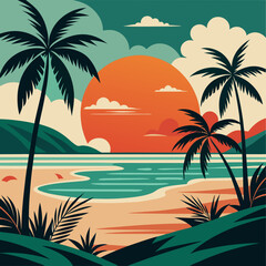 Obraz premium Tropical Beach Retro Sun Tree Art
