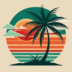 Tropical Beach Retro Sun Tree Art