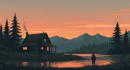 Fototapeta premium Fisherman at Lake Cabin Silhouette with Mountains at Warm Sunset