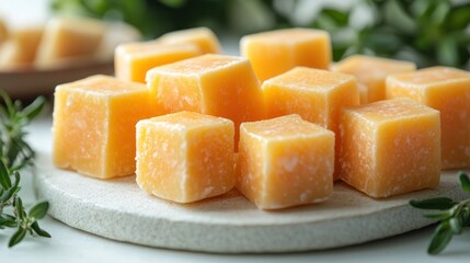 Orange cubes on a plate with green herbs in the background.