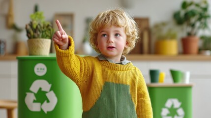 kids and cleanup education style. Child pointing at recycling bins in eco-friendly environment.