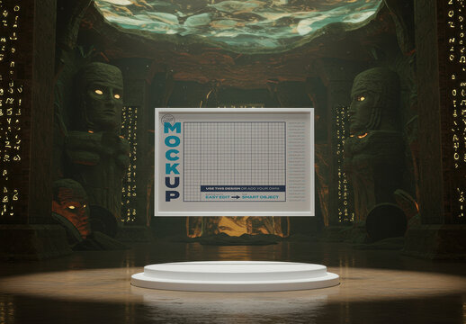 Horizontal Frame Poster Mockup Floating on Rock Temple with Fases