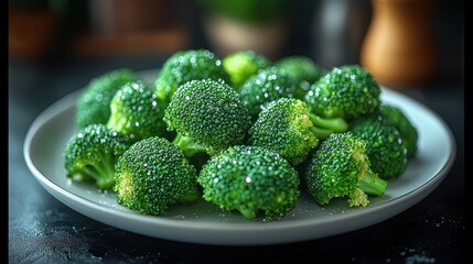 Plate of cooked broccoli florets with soft focus background.