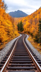 Obraz premium Winding railroad tracks through vibrant autumn foliage and mountains