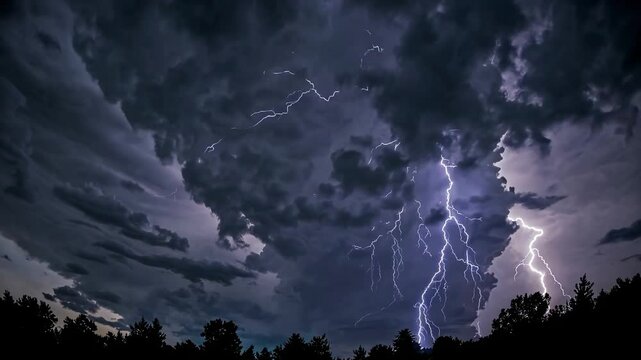 Dramatic lightning storm over dark forest captured in high resolution timelapse