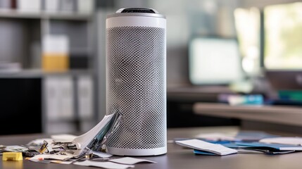 Office mishap: A cylindrical heater stands near scattered papers and a damaged stapler on a desk, blurring the background of office supplies.
