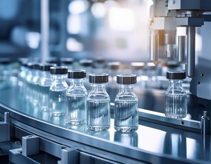 medical vials on production line at clear pharmaceutical factory pharmaceutical machine working pharmaceutical glass bottles production line
