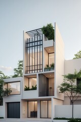 Fototapeta premium Modern minimalist house with geometric design lush greenery
