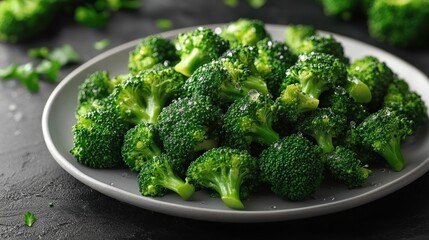 Plate of fresh green broccoli florets on a dark surface.