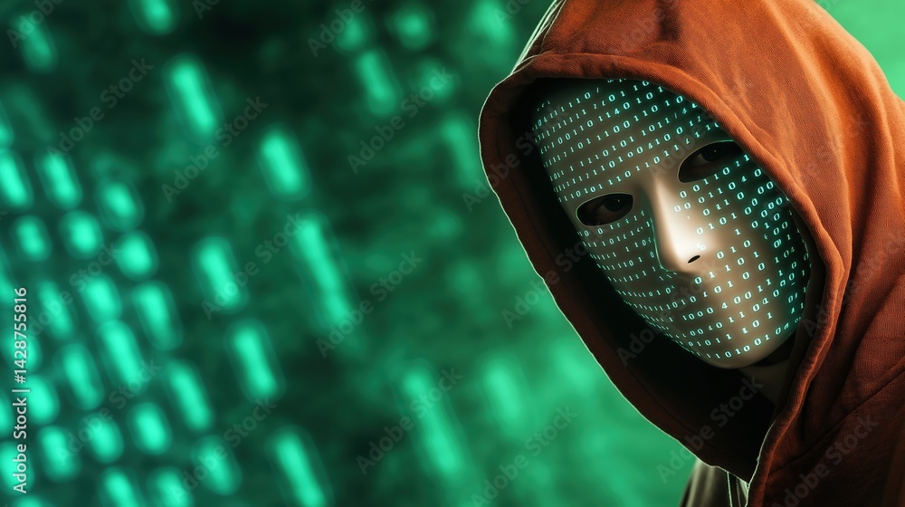 Poster a mysterious figure in a hooded cloak displays a binary code mask against a green digital background