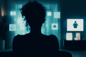 Woman's silhouette viewed from behind, interacting with a futuristic holographic user interface to manage her smart home system and connected lifestyle