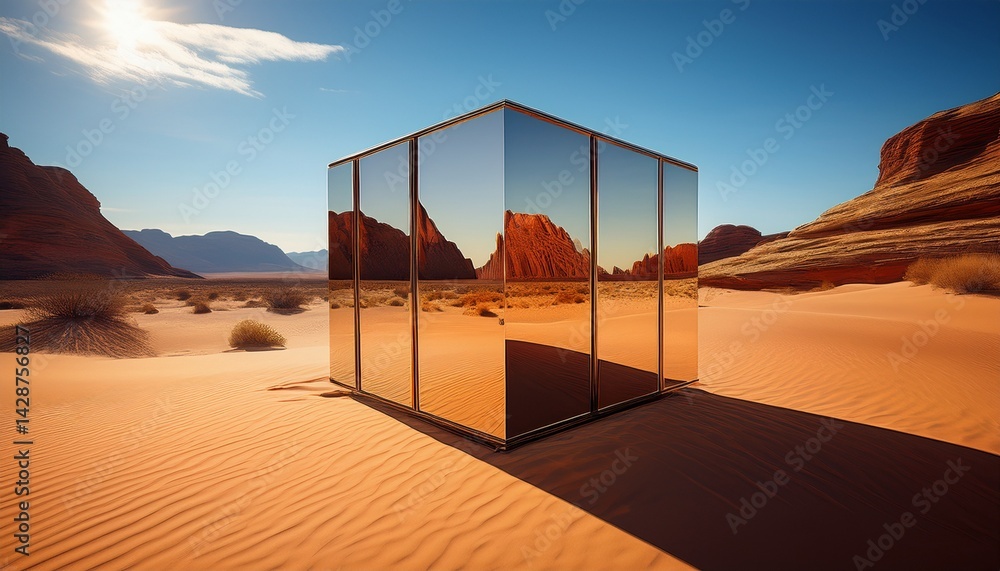 Poster mirrored cube art installation with a circular cutout placed in the golden sands of esert reflecting