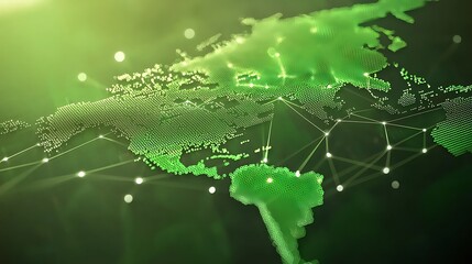 Abstract green infographic world map visualization of digital network connectivity globally