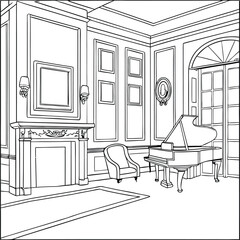 Living room graphic black white home interior sketch 