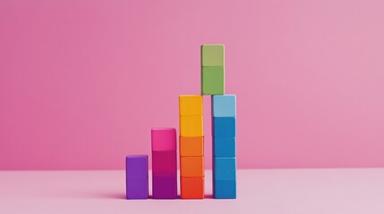Bar graph made of stacked cubes in bold hues on dusty pink background