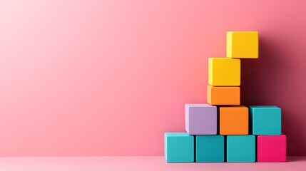 Obraz premium Bar graph made of stacked cubes in bold hues on dusty pink background