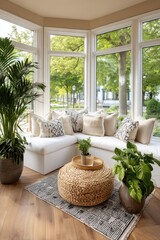 Bright sunroom with plants & pillows, corner bay window view of green park