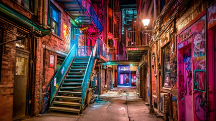 Naklejka premium Vibrant Night Alleyway With Graffiti Art And Colorful Lights