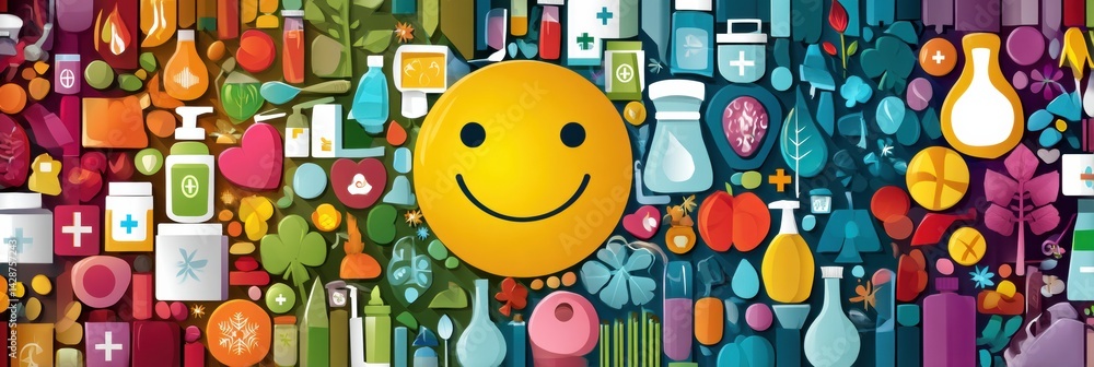 Poster smiling face created from wellness icons on vibrant background symbolizing happiness in healthcare